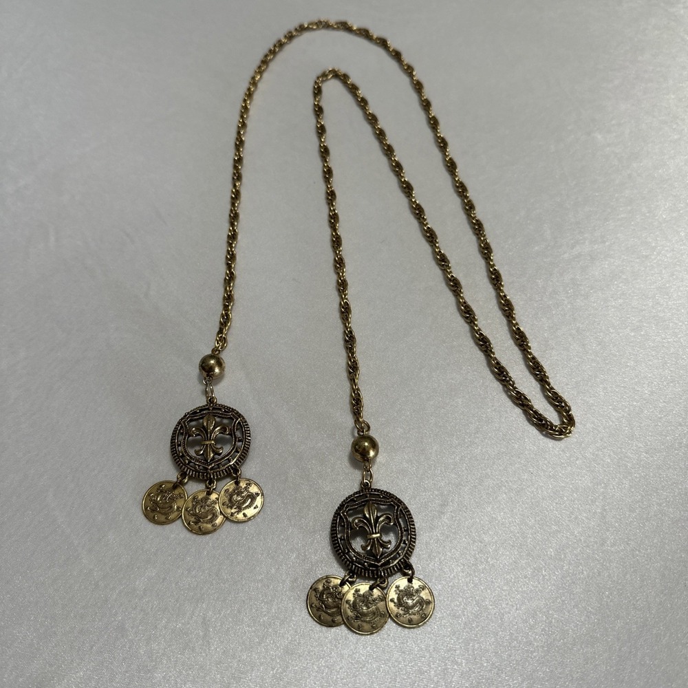 Vtg 70s Fleur De Lis Coin Fringe Lariat Necklace Brass Open End Chain Belt 44"